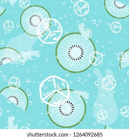 Fruit pattern with kiwi and ice cubes. Stylish background with kiwi for fabric, cover, plastic. Cold cocktail with kiwi. Freshness