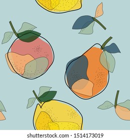 Fruit pattern; lemon, apple and pear. Blurry colored spots. Creative and modern illustration, wall art, greeting card, packaging design.