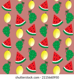 fruit pattern lemon grapes watermelon pink background