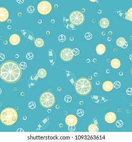 Fruit pattern with lemon and lime, ice cubes and mint leaves on a blue background. Stylish background with citrus for fabric, cover, plastic. Cold cocktail with lemon and lime. Freshness.