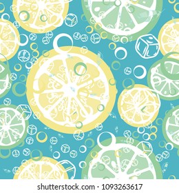 Fruit pattern with lemon and lime, ice cubes and mint leaves on a blue background. Stylish background with citrus for fabric, cover, plastic. Cold cocktail with lemon and lime. Freshness.