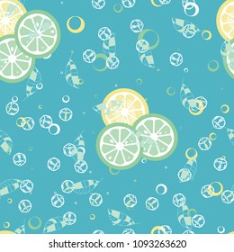 Fruit pattern with lemon and lime, ice cubes and mint leaves on a blue background. Stylish background with citrus for fabric, cover, plastic. Cold cocktail with lemon and lime. Freshness.