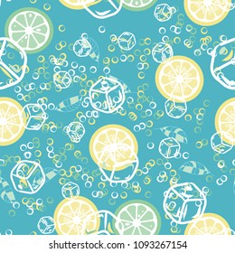 Fruit pattern with lemon and lime, ice cubes and mint leaves on a blue background. Stylish background with citrus for fabric, cover, plastic. Cold cocktail with lemon and lime. Freshness.