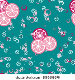 Fruit pattern with lemon and lime, ice cubes and mint leaves on a blue background. Stylish background with citrus for fabric, cover, plastic. Cold cocktail with lemon and lime. Freshness.