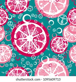 Fruit pattern with lemon and lime, ice cubes and mint leaves on a blue background. Stylish background with citrus for fabric, cover, plastic. Cold cocktail with lemon and lime. Freshness.