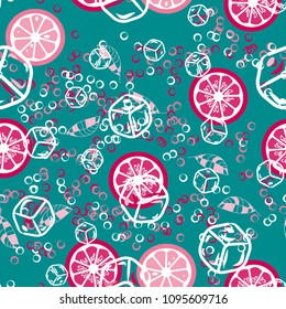 Fruit pattern with lemon and lime, ice cubes and mint leaves on a blue background. Stylish background with citrus for fabric, cover, plastic. Cold cocktail with lemon and lime. Freshness.