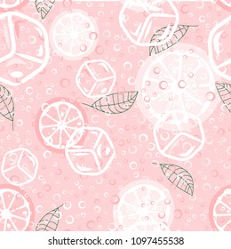 Fruit pattern with lemon and lime, ice cubes and mint leaves on a blue background. Stylish background with citrus for fabric, cover, plastic. Cold cocktail with lemon and lime. Freshness