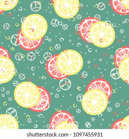 Fruit pattern with lemon and lime, ice cubes and mint leaves on a blue background. Stylish background with citrus for fabric, cover, plastic. Cold cocktail with lemon and lime. Freshness