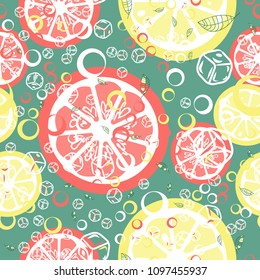 Fruit pattern with lemon and lime, ice cubes and mint leaves on a blue background. Stylish background with citrus for fabric, cover, plastic. Cold cocktail with lemon and lime. Freshness