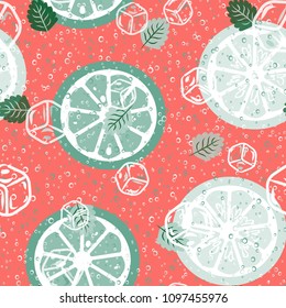 Fruit pattern with lemon and lime, ice cubes and mint leaves on a blue background. Stylish background with citrus for fabric, cover, plastic. Cold cocktail with lemon and lime. Freshness