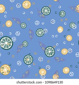 Fruit pattern with lemon and lime, ice cubes and mint leaves. Stylish background with citrus for fabric, cover, plastic. Cold cocktail with lemon and lime. Freshness