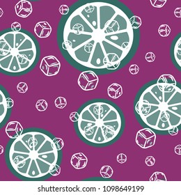 Fruit pattern with lemon and lime, ice cubes and mint leaves. Stylish background with citrus for fabric, cover, plastic. Cold cocktail with lemon and lime. Freshness