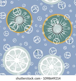 Fruit pattern with lemon and lime, ice cubes and mint leaves. Stylish background with citrus for fabric, cover, plastic. Cold cocktail with lemon and lime. Freshness
