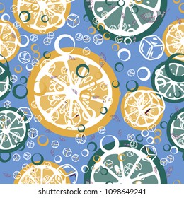 Fruit pattern with lemon and lime, ice cubes and mint leaves. Stylish background with citrus for fabric, cover, plastic. Cold cocktail with lemon and lime. Freshness