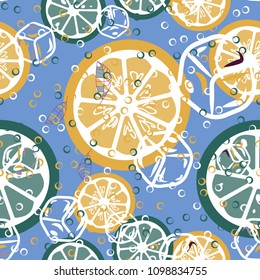 Fruit pattern with lemon and lime, ice cubes and mint leaves. Stylish background with citrus for fabric, cover, plastic. Cold cocktail with lemon and lime. Freshness
