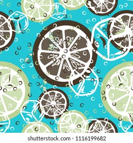 Fruit pattern with lemon and lime, ice cubes and mint leaves on a blue background. Stylish background with citrus for fabric, cover, plastic. Cold cocktail with lemon and lime. Freshness
