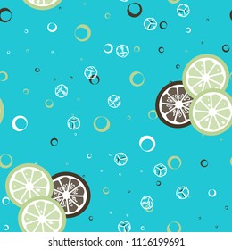 Fruit pattern with lemon and lime, ice cubes and mint leaves on a blue background. Stylish background with citrus for fabric, cover, plastic. Cold cocktail with lemon and lime. Freshness