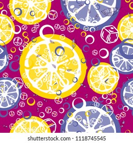 Fruit pattern with lemon and lime, ice cubes and mint leaves on a blue background. Stylish background with citrus for fabric, cover, plastic. Cold cocktail with lemon and lime. Freshness