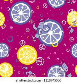 Fruit pattern with lemon and lime, ice cubes and mint leaves on a blue background. Stylish background with citrus for fabric, cover, plastic. Cold cocktail with lemon and lime. Freshness