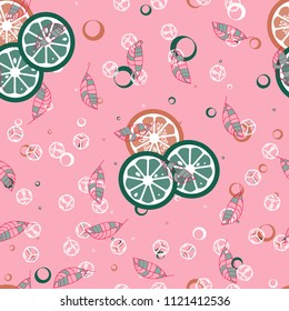 Fruit pattern with lemon and lime, ice cubes and mint leaves on a blue background. Stylish background with citrus for fabric, cover, plastic. Cold cocktail with lemon and lime. Freshness