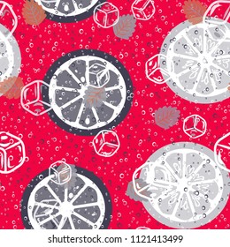 Fruit pattern with lemon and lime, ice cubes and mint leaves on a blue background. Stylish background with citrus for fabric, cover, plastic. Cold cocktail with lemon and lime. Freshness