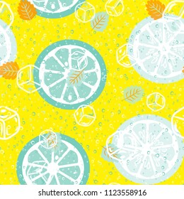 Fruit pattern with lemon and lime, ice cubes and mint leaves on a blue background. Stylish background with citrus for fabric, cover, plastic. Cold cocktail with lemon and lime. Freshness