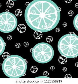 Fruit pattern with lemon and lime, ice cubes and mint leaves on a blue background. Stylish background with citrus for fabric, cover, plastic. Cold cocktail with lemon and lime. Freshness