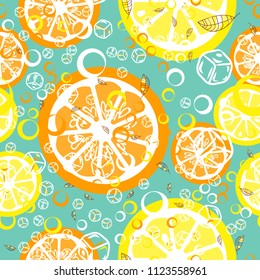 Fruit pattern with lemon and lime, ice cubes and mint leaves.