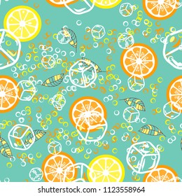 Fruit pattern with lemon and lime, ice cubes and mint leaves.
