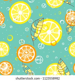 Fruit pattern with lemon and lime, ice cubes and mint leaves.