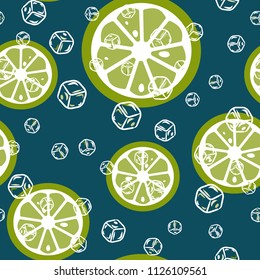 Fruit pattern with lemon and lime, ice cubes and mint leaves on a blue background. Cold cocktail with lemon. Freshness.