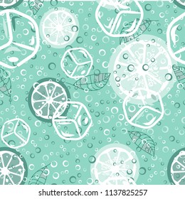 Fruit pattern with lemon and lime, ice cubes and mint leaves. Cold cocktail with lemon. Freshness.