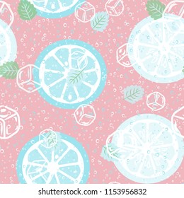 Fruit pattern with lemon and lime, ice cubes and mint leaves on a blue background. Cold cocktail with lemon. Freshness.