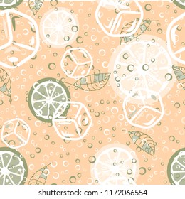Fruit pattern with lemon and lime, ice cubes and mint leaves. Cold cocktail with lemon. Freshness.