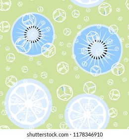 Fruit pattern with lemon and lime, ice cubes and mint leaves on a blue background. Cold cocktail with lemon. Freshness.