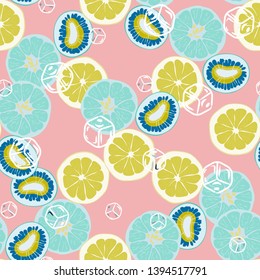 Fruit pattern with lemon and lime, ice cubes and mint leaves on a blue background. Cold cocktail with lemon. Freshness.