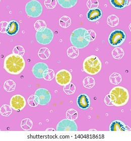 Fruit pattern with lemon and lime, ice cubes and mint leaves on a blue background. Cold cocktail with lemon. Freshness.