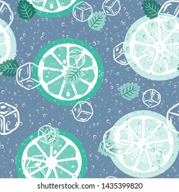 Fruit pattern with lemon and lime, ice cubes and mint leaves on a blue background. Cold cocktail with lemon. Freshness.