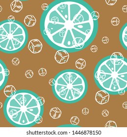 Fruit pattern with lemon and lime, ice cubes and mint leaves on a blue background. Cold cocktail with lemon. Freshness.