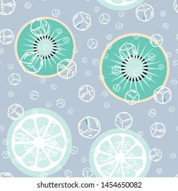 Fruit pattern with lemon and lime, ice cubes and mint leaves on a blue background. Cold cocktail with lemon. Freshness.