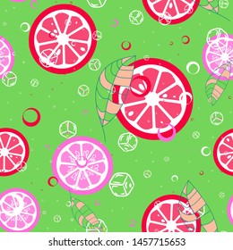 Fruit pattern with lemon and lime, ice cubes and mint leaves on a blue background. Cold cocktail with lemon. Freshness.