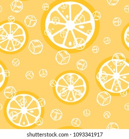 Fruit pattern with lemon and orange, ice cubes and mint leaves on a blue background. Stylish background with citrus for fabric, cover, plastic. Cold cocktail with lemon and lime. Freshness