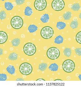 Fruit pattern with lemon and orange, ice cubes and mint leaves on a blue background. Cold cocktail with lemon. Freshness.
