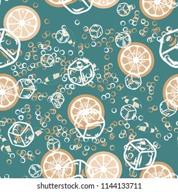 Fruit pattern with lemon and orange, ice cubes and mint leaves on a blue background. Cold cocktail with lemon. Freshness.