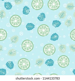 Fruit pattern with lemon and orange, ice cubes and mint leaves on a blue background. Cold cocktail with lemon. Freshness.