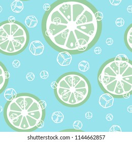 Fruit pattern with lemon and orange, ice cubes and mint leaves on a blue background. Cold cocktail with lemon. Freshness.