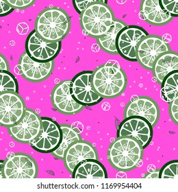 Fruit pattern with lemon and orange, ice cubes and mint leaves. Cold cocktail with lemon. Freshness.