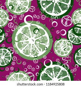 Fruit pattern with lemon and orange, ice cubes and mint leaves. Cold cocktail with lemon. Freshness.