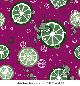 Fruit pattern with lemon and orange, ice cubes and mint leaves. Cold cocktail with lemon. Freshness.