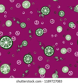 Fruit pattern with lemon and orange, ice cubes and mint leaves. Cold cocktail with lemon. Freshness.